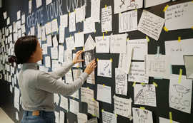 Eine Schülerin steht vor einer schwarzen Wand, die vollgeklebt ist mit weißen Zetteln, auf denen andere Menschen etwas notiert haben. Sie selbst klebt gerade einen weiteren Zettel dazu.