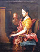 Louis Counets Gemälde zeigt die Heilige Cäcilie ins Orgelspiel vertieft. Im Hintergrund lauscht ein Engel, der zum Zeichen des Schweigens einen Finger auf den Mund legt. Foto:?Stadtmuseum