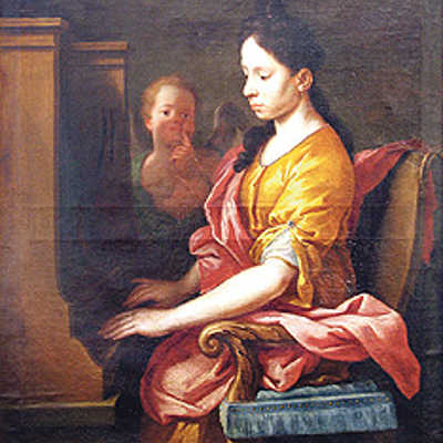 Louis Counets Gemälde zeigt die Heilige Cäcilie ins Orgelspiel vertieft. Im Hintergrund lauscht ein Engel, der zum Zeichen des Schweigens einen Finger auf den Mund legt. Foto:?Stadtmuseum