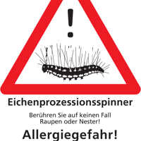 Schild mit Warnheinweis zum Eichenprozessionsspinner