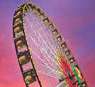 Das 55 Meter hohe Riesenrad mit 42 Gondeln wird in den Abendstunden illuminiert. Foto: Jurisch