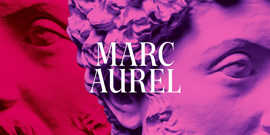 Plakatmotiv der Ausstellung mit dem Schriftzug "Marc Aurel" in weißen Großbuchstaben, im Hintergrund zwei Plastiken des Kopfs von Marc Aurel inroten und rosafarbenne Tönen, die in verschiedene Richtungen blicken.