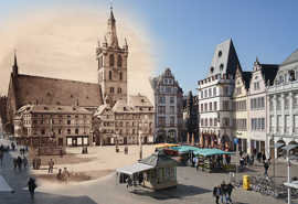 Die Fotomontage zeigt den Hauptmarkt aus vergangenen Zeiten kombiniert mit einer aktuellen Aufnahme.