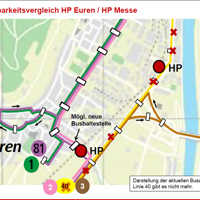 ÖPNV-Anbindung des geplanten Haltepunkts Euren-Eisenbahnstraße im Vergleich mit dem zurückgestellten Standort Messe.
