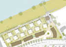 Die Karte zeigt die geplante Verteilung der Baukörper auf dem Gelände Feuvrier. Die Gebäude an der Zurmaiener Straße bilden einen Lärmschutzriegel für die elf quadratischen Wohnhäuser am Moselradweg.