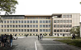 Bei dem vierstöckigen HGT-Erweiterungsbau wird der Entwurf eines Aachener Architekturbüros umgesetzt. Der neue Flügel wird aus Richtung Rathaus gesehen an der rechten Seite eingefügt.