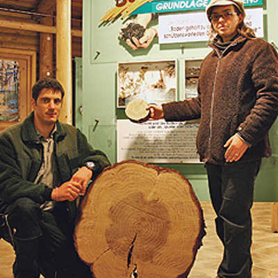 Welche ist älter? Johan Uphaus und Försterin Kerstin Schmitt lassen die Besucher des „Haus des Waldes“ gerne das Alter der beiden Baumscheiben schätzen.