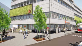 Visualisierung der umgebauten Sparkassenzentrale in der Theodor-Heuss-Allee mit zum Teil begrünter Fassade
