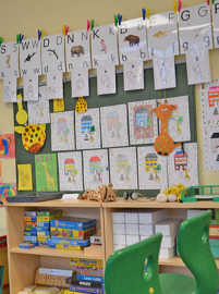 Klassenzimmer in einer Grundschule, an der Wand hängen viele gemalte Bilder und die einzelnen Buchstaben des Alphabets.