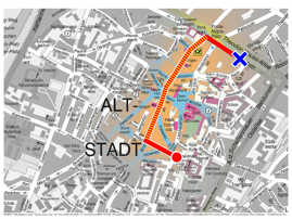 Die Karte zeigt die Strecke, die der Täter mit seinem Geländewagen zurücklegte. Die Amokfahrt nahm in der Konstantinstraße ihren Ausgang (roter Punkt) und endete Christophstraße, wo auch die Festnahme erfolgte (blaues Kreuz).