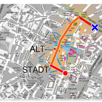 Die Karte zeigt die Strecke, die der Täter mit seinem Geländewagen zurücklegte. Die Amokfahrt nahm in der Konstantinstraße ihren Ausgang (roter Punkt) und endete in der Christophstraße, wo auch die Festnahme erfolgte (blaues Kreuz).