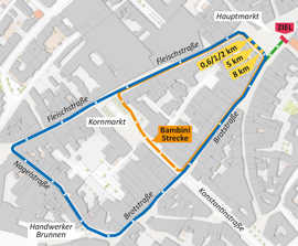 Auisschnitt aus dem Stadtplan, auf dem der Verlauf der Strecken beim Silvestrerlauf in der Trierer Innenstadt eingezeichnet ist.