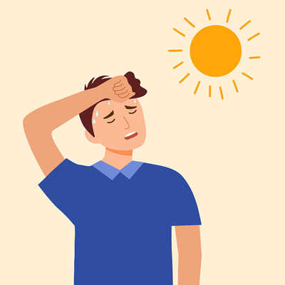 Die Zeichnung zeigt die Sonne und einen jungen Mann, der mit leidendem Gesichtsausdruck schwitzt und die Hand an die Stirn hält