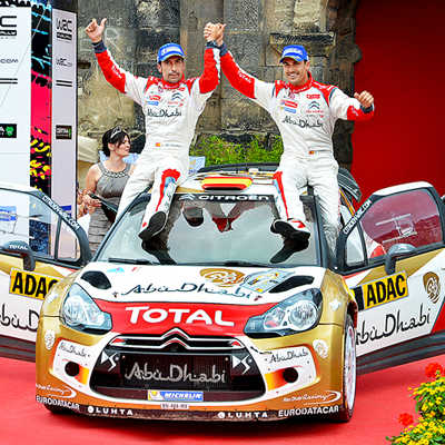 Die Spanier Carlos Del Barrio (links) und Pilot Daniel Sordo gewannen 2013 die Rallye Deutschland. Foto': Jcbos