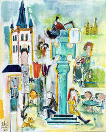Vielfarbiges Gemälde als Collage comicartiger Motive, darunter die Kirche St.Gangolf und das Trierer Marktkreuz