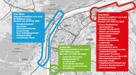 Die Karte zeigt die Großprojekte im Straßenbau und bei der Umsetzung des Mobilitätskonzepts der nächsten zehn Jahre.