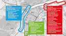 Die Stadt Trier investiert viele Millionen Euro in den Straßenbau und in die Umsetzung des Mobilitätskonzepts. Die Karte zeigt die Großprojekte der nächsten zehn Jahre. Grafik: Silke Böllinger; Karte: © Stadt Trier [30.5.2018]