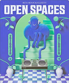 Künstlerisches Motiv mit Blau- und Grüntönen, einem Fantasiewesen im Mittelpunkt unter dem Schriftzug Open Spaces.
