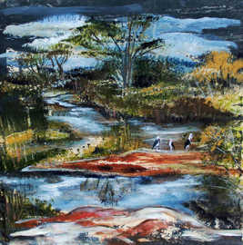 Ein Bild von Gabriele Hank in Acryl- und Mischtechnik zeigt eine afrikanische Flusslandschaft.