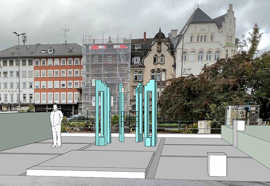 Eine erste Visualisierung zeigt die mögliche Gestaltung des zentralen Gedenkorts an der Christophstraße durch den Künstler Clas Steinmann