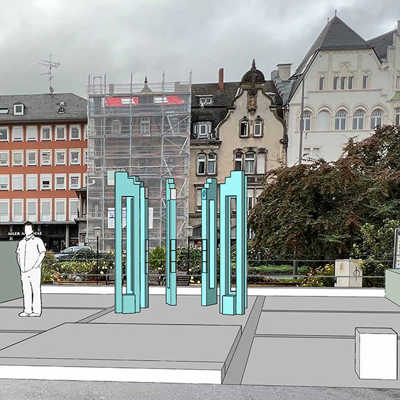Eine erste Visualisierung zeigt die mögliche Gestaltung des zentralen Gedenkorts an der Christophstraße durch den Künstler Clas Steinmann. 