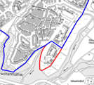 Der Ausschnitt aus dem Stadtplan zeigt die künftige Grenze zwischen den Grundschulbezirken Tarforst und Irsch (blau markiert) im Vergleich mit der alten (rote Linie). Die Änderung gilt für zwei Straßen. Karte: Amt für Bodenmanagement und Geoinformation