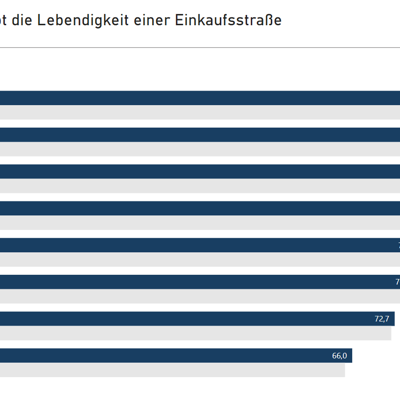 Die Grafik vergleicht die Vitalitätskennziffer deutscher Einkaufsstraßen in den Jahren 2023 und 2024. 