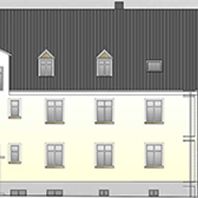 Der Ausbauentwurf  für die Kita St. Helena zeigt den gelben Altbau, einen gläsernen Verbindungstrakt und den Anbau rechts. Zeichnung: Gebäudewirtschaft
