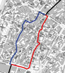 Der Ausschnitt des Stadtplans zeigt den Verlauf der City-Radrouten West (blau) und Ost (rot) sowie die Anschlüsse in die Nord- und Südstadt (schwarz). Eine durchgehende Beschilderung der beiden Routen, wie im Radverkehrskonzept vorgesehen, steht noch aus. Grafik: Geoinformation/Stadtplanung/PA