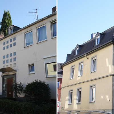 Zwei der städtischen Immobilien, in denen die Wohnungsmieten erhöht werden, liegen in zentraler Innenstadtlage: das Haus Deutschherrenstraße 33 (links) in direkter Nachbarschaft des Berufsschulzentrums und das Gebäude Sichelstraße 1 in fußläufiger Entfernung zum Alleencenter und dem Hauptbahnhof.