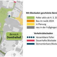 Die Karte zeigt die Standorte der unterschiedlichen Zufahrtsbarrieren rund um den Domfreihof.