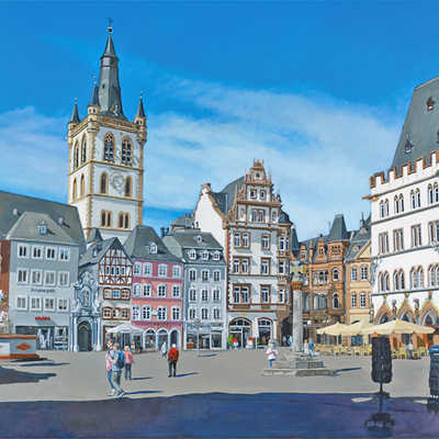 Josef Hammen zeigt in seinem Gemälde den Hauptmarkt an einem strahlenden Sommermorgen.