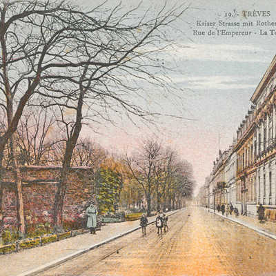 Die rund 100 Jahre alte Ansichtspostkarte aus der Frühzeit der französischen Besatzung in Trier zeigt die Kaiserstraße Richtung Mosel. Kombiniert ist sie mit einem französischen Text. Foto: Stadtarchiv, Bildsammlung 11