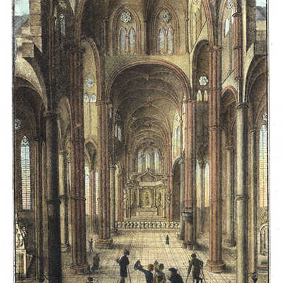 Eine der Lithographien zeigt mit dem Innenraum der Liebfrauenkirche ein gotisches Juwel. Seit 1986 ist die als Zentralbau angelegte Kirche Teil des Unesco-Welterbes. Foto: Anja Runkel / Signatur: Sta_Tr_Grafikslg_0147