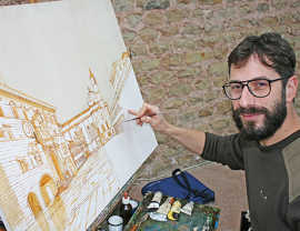 Der Ascolaner Künstler Stefano Tamburini arbeitete 2016 in der Viehmarkttherme unter anderem an einem Gemälde der Piazza del Popolo.