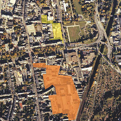 Für Flächen gegenüber den Kaiserthermen (gelb) sowie rund um die Gerberstraße (orange) werden städtebauliche Konzepte entwickelt. Bild: Bauaufsicht