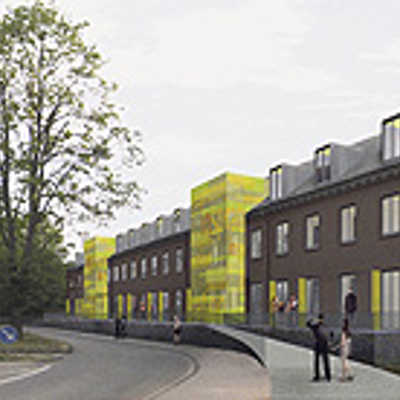 Das Gebäude 005 erhält im Unterschied zu den Nachbarhäusern Glasanbauten an den Eingängen, die später gelb angestrahlt werden sollen. Abbildung: EGP