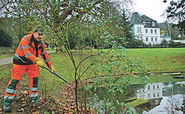Carl Markovic vom Grünflächenamt beschneidet einen Strauch im historischen Kürenzer Schloßpark. Die Anlage mit dem kleinen Teich ist ein beliebter Naherholungsbereich im Stadtteil.