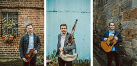Die Bilderfolge zeigt drei junge Musiker mitn  ihren Instrumenten Geige, Dudelsack und Gitarre