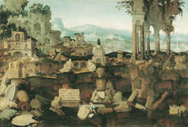 In seinem monumentalen Gemälde setzt Herman Posthumus zahlreiche Künstler und Wissenschaftler in Szene, die der römischen Antike auf der Spur sind.