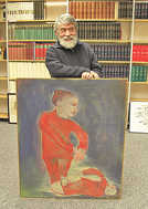 Der Trierer Künstler Karl Willems vor seinem Gemälde, das nun im Stadtmuseum Simeonstift zu sehen ist. Foto: Stadtmuseum