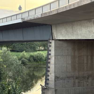 Die Aufnahme zeigt den betroffenen Pfeiler der Brücke. An der Verbindung zwischen Beton- und Stahlteil sitzen im Inneren die Lager, von denen eines kaputt gegangen ist.