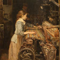 'La nena obrera' von Joan Planella i Rodríguez (1885) zeigt Kinderarbeit in der industriellen Revolution - ein junges Mädchen an einem Webstuhl.