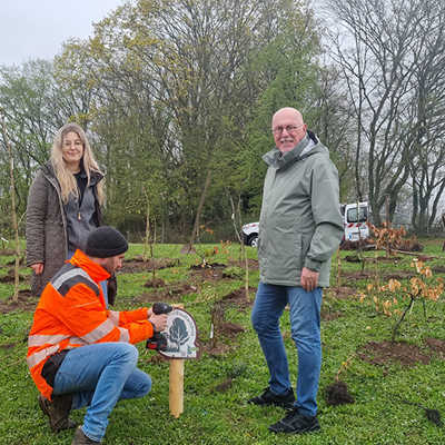 Oliver Kolz von StadtGrün Trier installiert im Beisein seiner Kollegin Annabelle Eisenhuth und von Ortsvorsteher Hanspitt Weiler das neue Schild, das auf dieses Stück „Stadtwildnis“ hinweist.