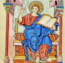 Zu den bekannten Bilddarstellungen im Ada-Evangeliar gehört ein Porträt des Evangelisten Johannes mit der Heiligen Schrift. 