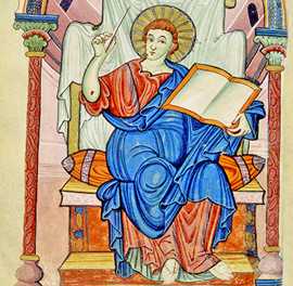 Zu den bekannten Bilddarstellungen im Ada-Evangeliar gehört ein Porträt des Evangelisten Johannes mit der Heiligen Schrift. Zu den bekannten Bilddarstellungen im Ada-Evangeliar gehört ein Porträt des Evangelisten Johannes mit der Heiligen Schrift.