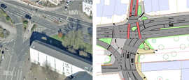 Ein Luftbild einer Straßenkreuzung wird einem Planausschnitt der selben Kreuzung mit geänderter Verkehrsführung gegenübergestellt