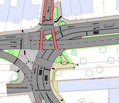 Der Knotenpunkt Nordallee / Engelstraße / Simeonstiftplatz im Ist-Zustand (links) und in der Planung. Stadtbusse befahren den Simeonstiftplatz künftig im Gegenverkehr. Der Fahrradverkehr überquert die Nordallee auf den rot markierten Trassen in einem Zug. Fotos: Geoportal/StadtRaum
