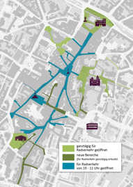 Der Stadtplanausschnitt zeigt, welche Straßen und Plätze der Trierer Fußgängerzone zeitlich eingeschränkt und welche uneingeschränkt für den Fahrradverkehr geöffnet sind.
