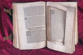Ein sehr altes Buch liegt aufgeklappt auf einer roten Samtunterlage. Zeilen des Buches sind geschwärzt und unleserlich gemacht worden.